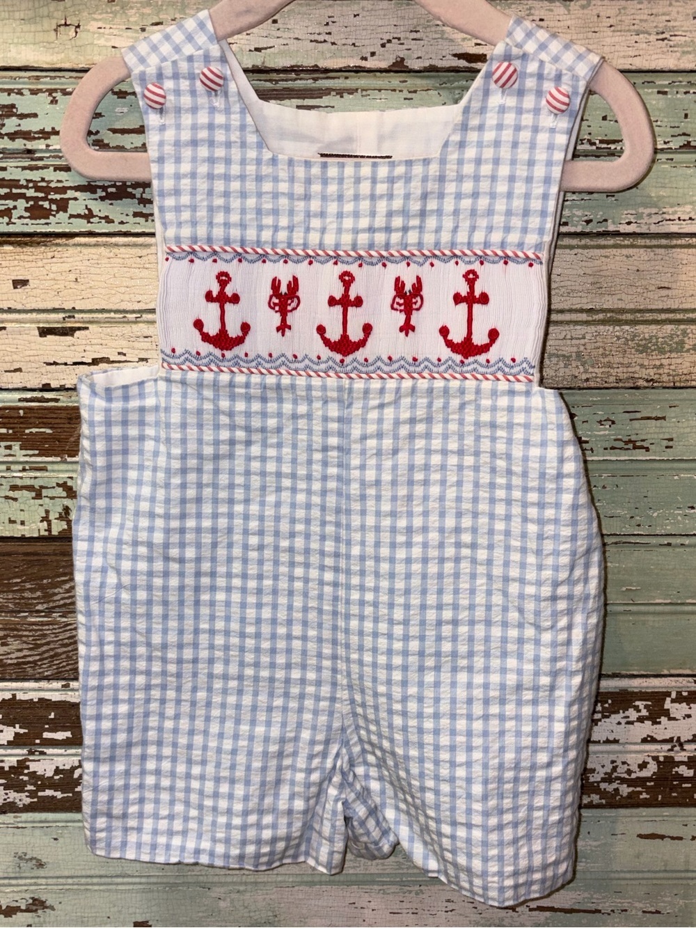 Shrimp & Grits Kids Light Blue Gingham Anchor Smocked Shortall - Kids